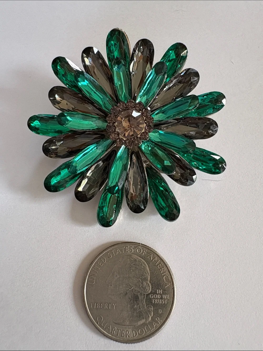 Emerald & Smoky Crystal Flower Brooch